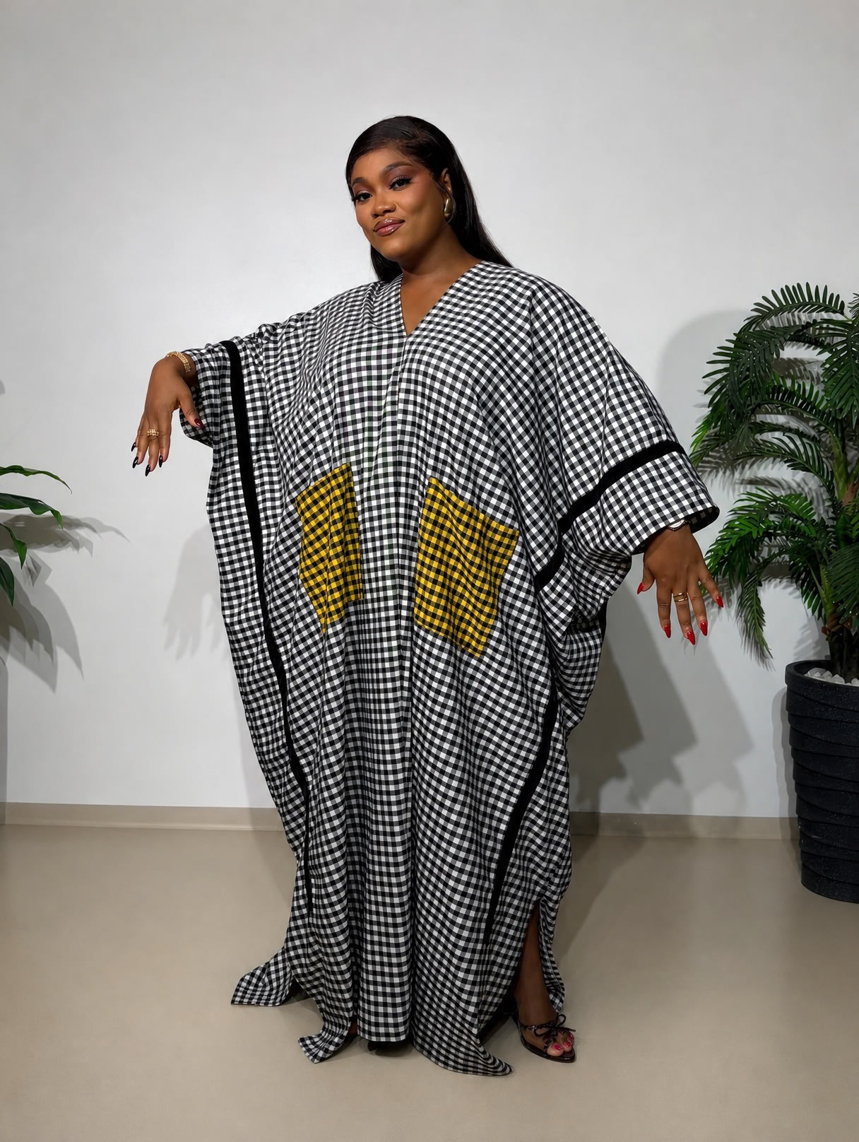 Checked Boubou made from comfortable checked cotton fabric, featuring a relaxed free-size fit for effortless style, comfort, and everyday wear.