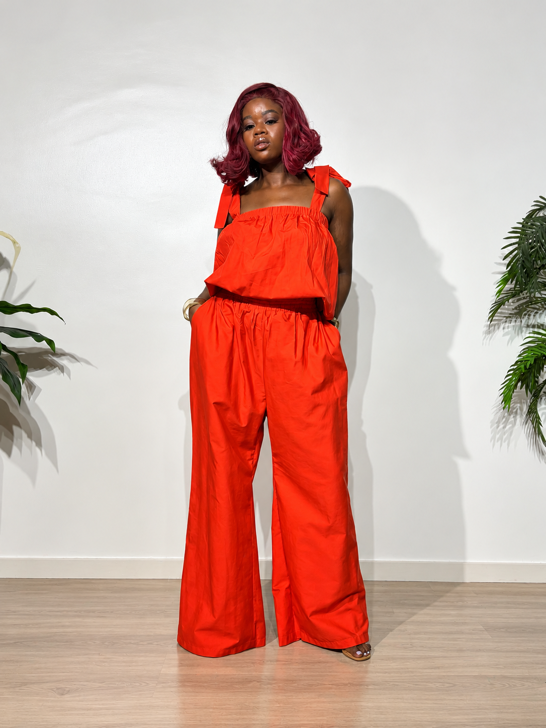 Amara Two-Piece Set, featuring a chic bow-strap gathered top and flowing wide-leg trousers for stylish everyday wear and casual outings.