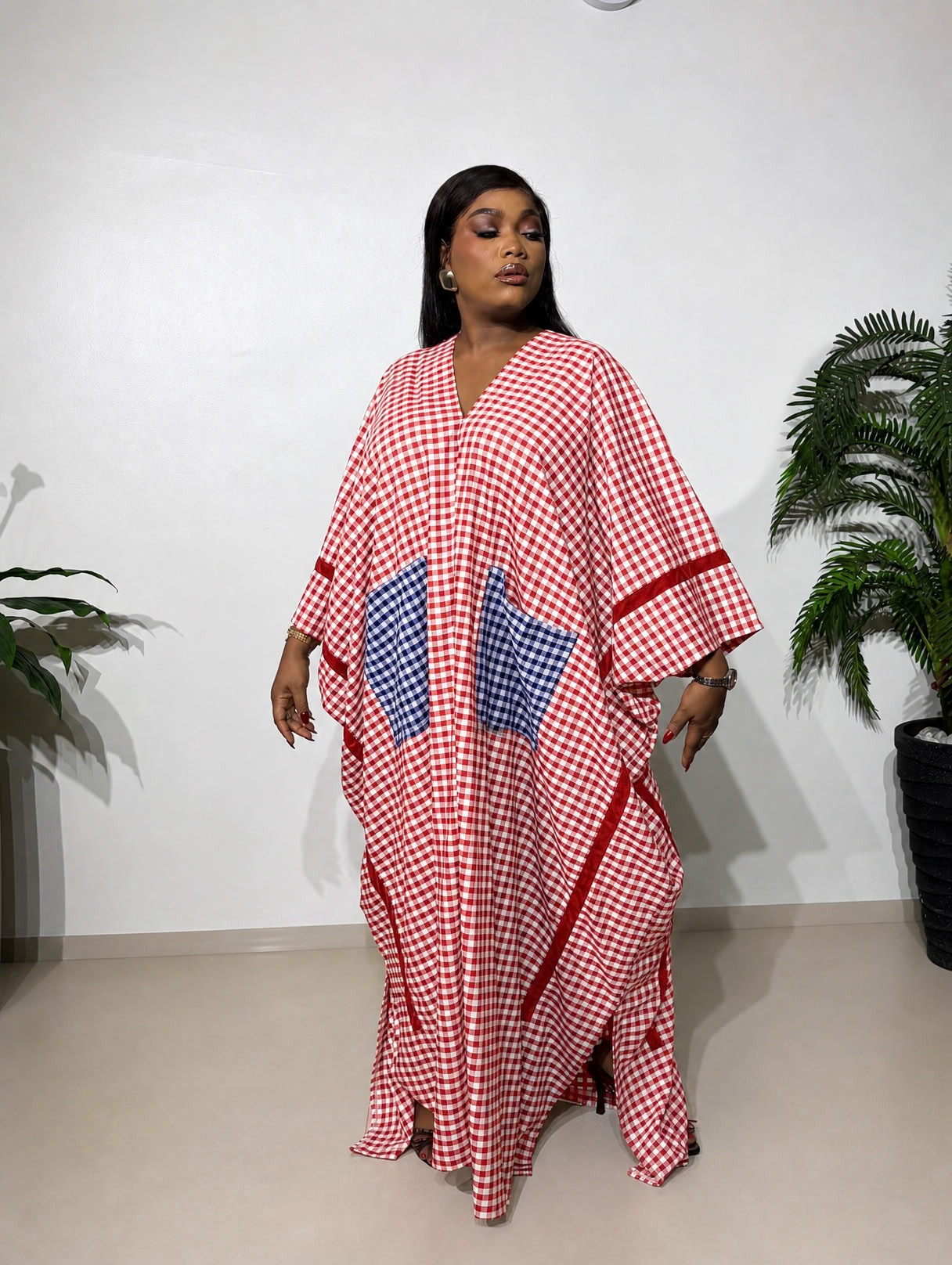 Checked Boubou made from comfortable checked cotton fabric, featuring a relaxed free-size fit for effortless style, comfort, and everyday wear.