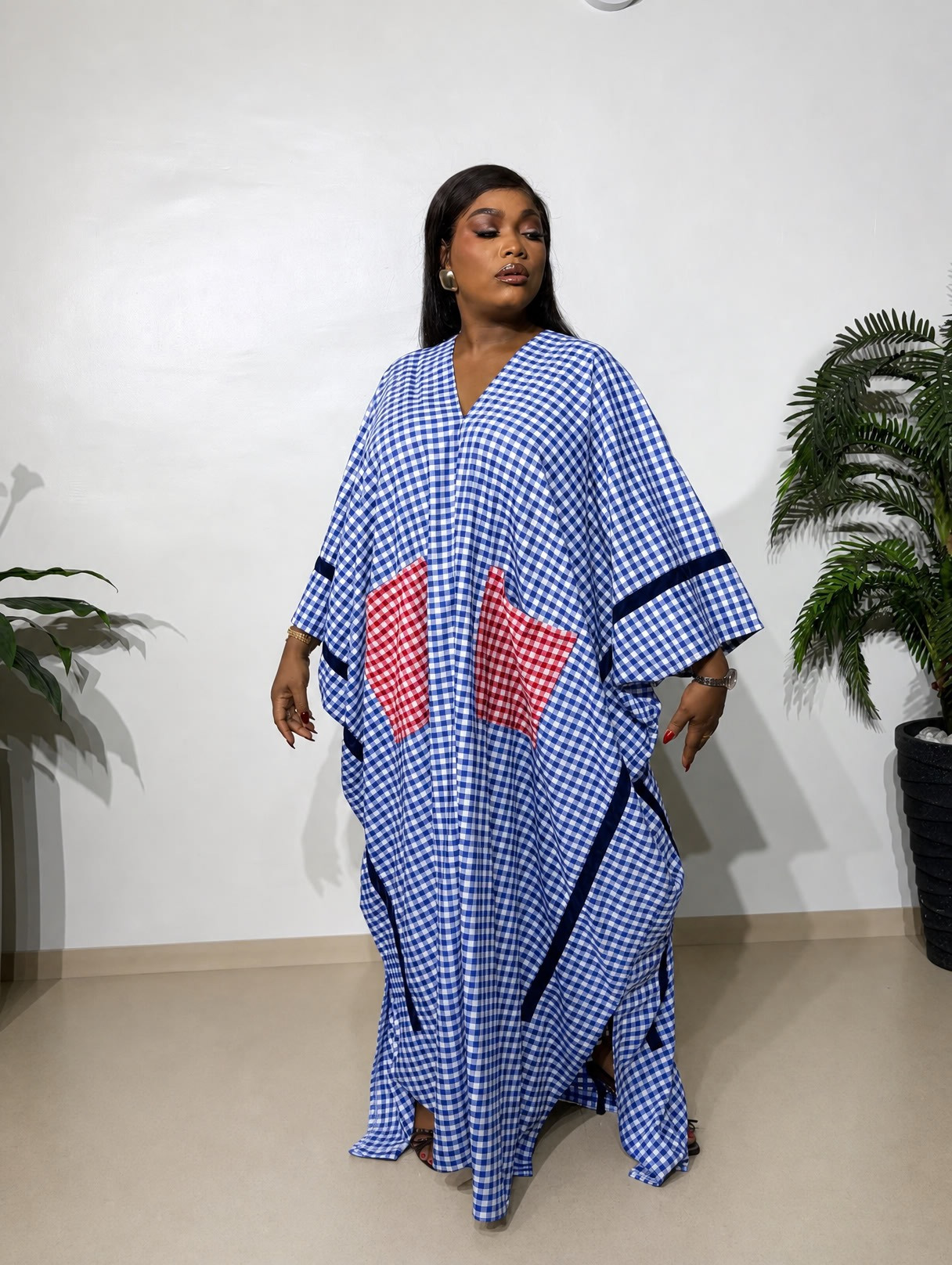 Checked Boubou made from comfortable checked cotton fabric, featuring a relaxed free-size fit for effortless style, comfort, and everyday wear.