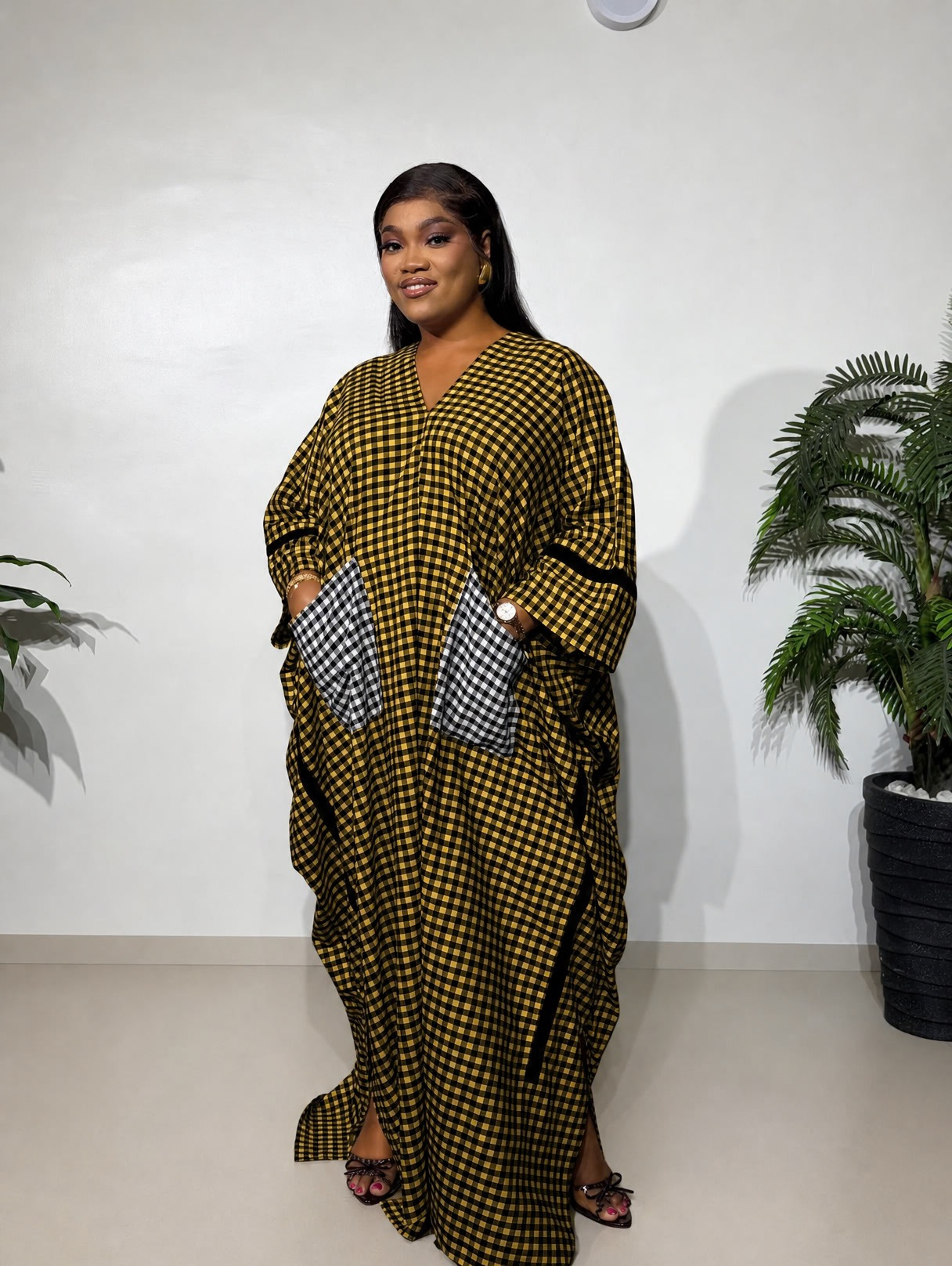 Checked Boubou made from comfortable checked cotton fabric, featuring a relaxed free-size fit for effortless style, comfort, and everyday wear.