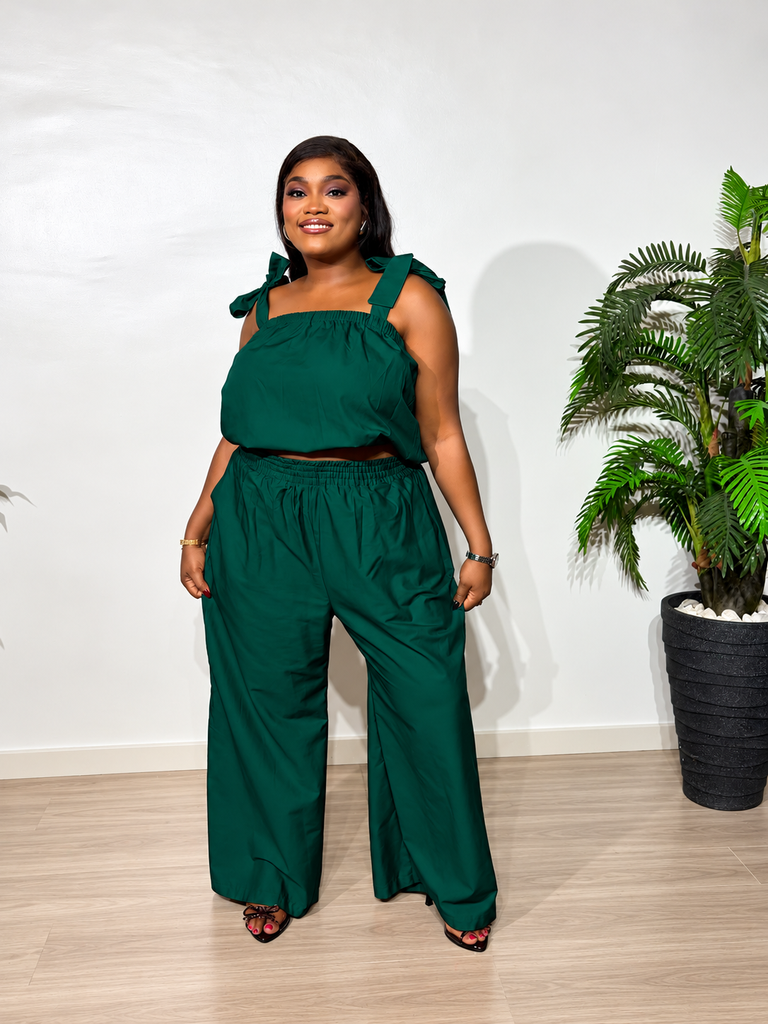 Amara Two-Piece Set, featuring a chic bow-strap gathered top and flowing wide-leg trousers for stylish everyday wear and casual outings.