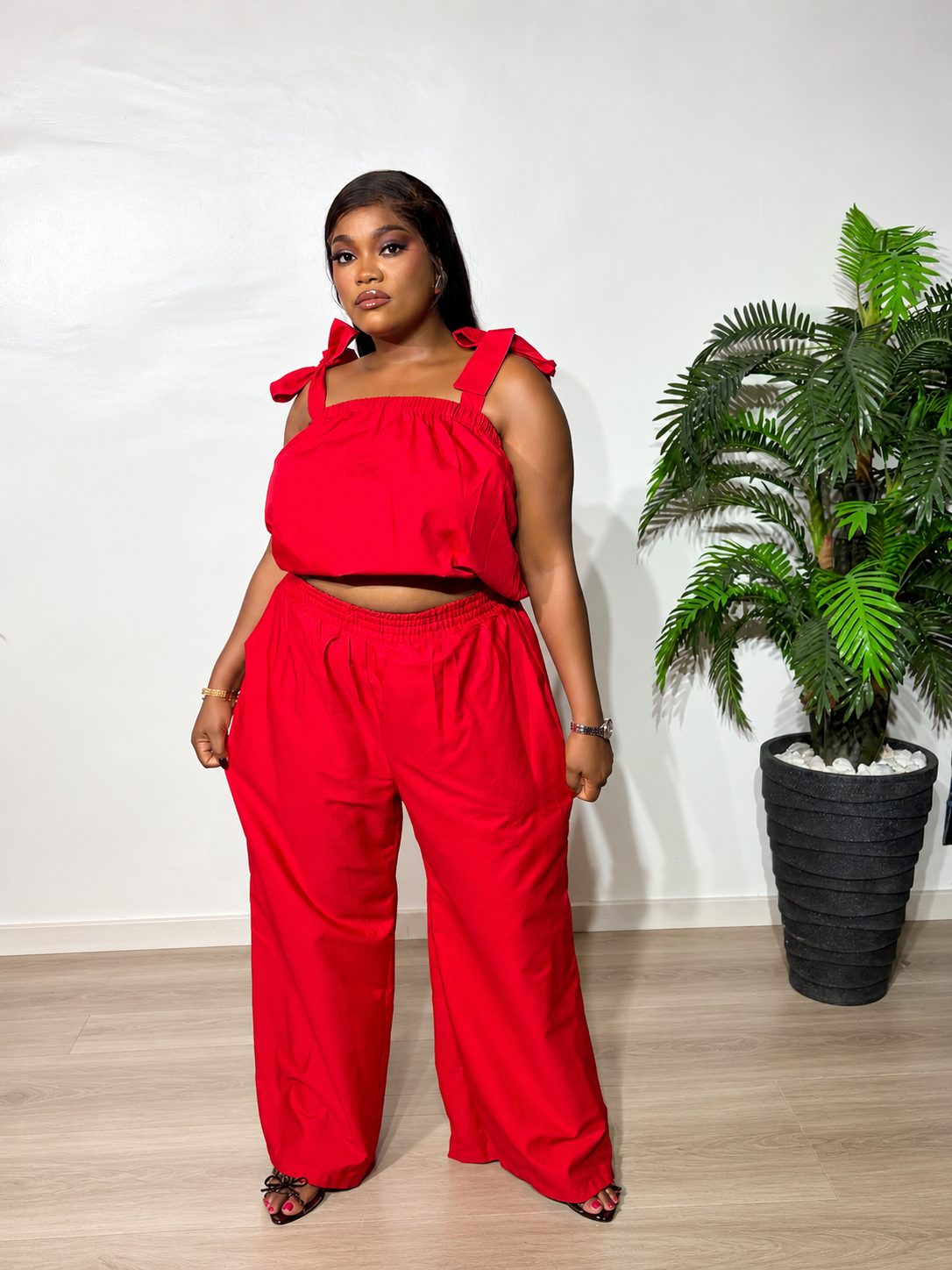 Amara Two-Piece Set, featuring a chic bow-strap gathered top and flowing wide-leg trousers for stylish everyday wear and casual outings.