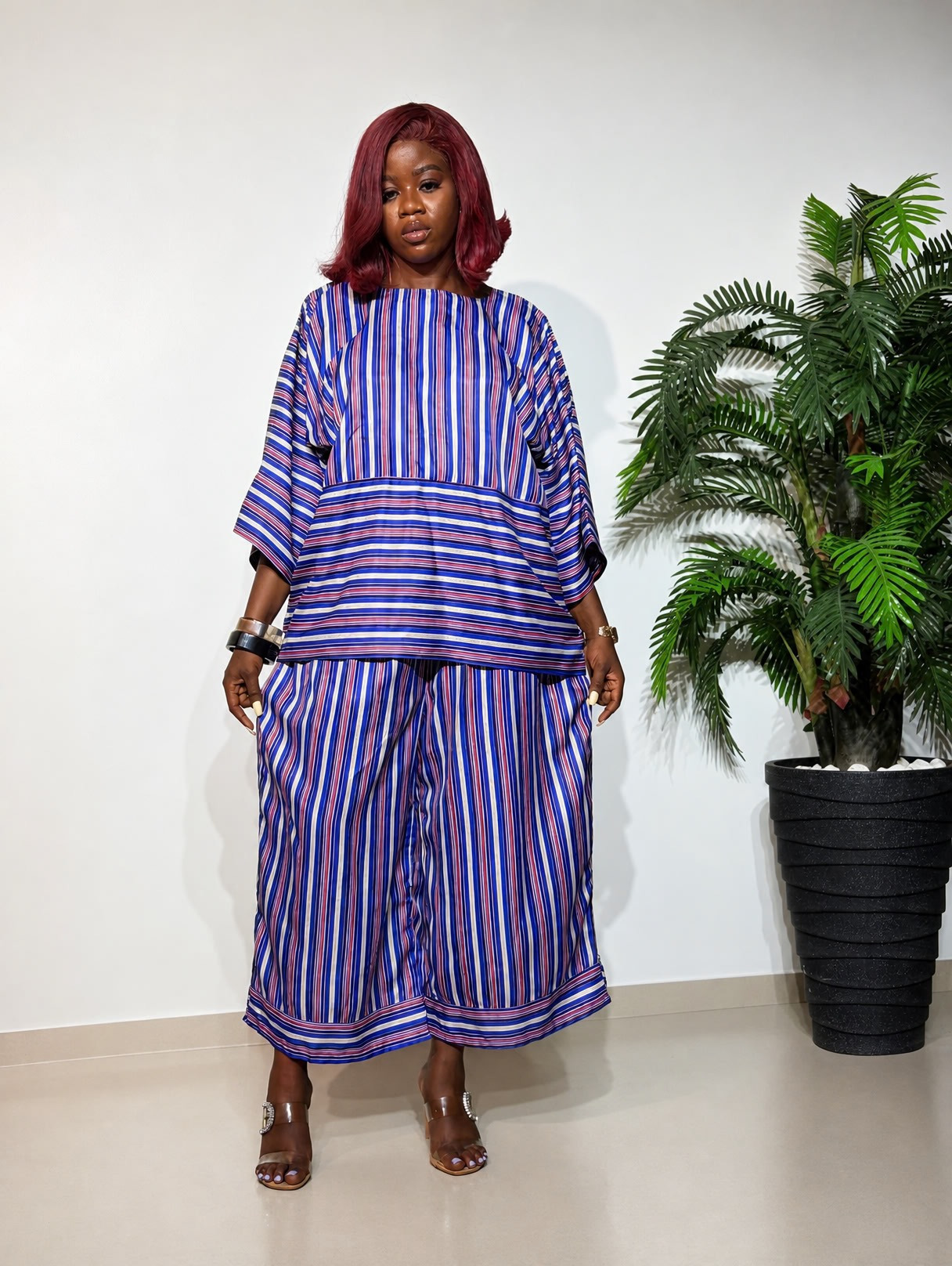Ehi Set by Ruchyanna, a stylish free-size two-piece outfit made from silky cotton striped fabric, designed for comfortable and elegant everyday wear.